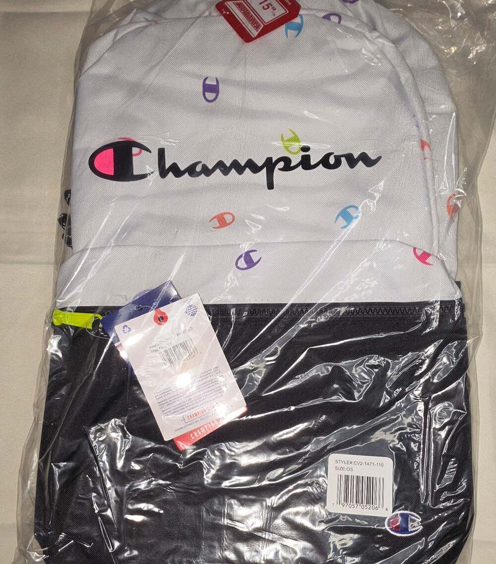 Champion Youthquake Backpack in White and Black with Multicolor Logo Print